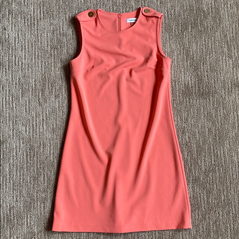 Calvin Klein Coral Pink Sleeveless Midi Dress with Gold Button Shoulder Detail